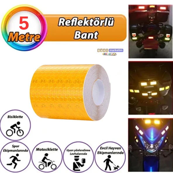 Reflektörlü Reflektif Fosforlu Şerit Bant Petekli Reflekte İkaz Bandı 5 cm x 5 Metre Sarı ürün görseli 1