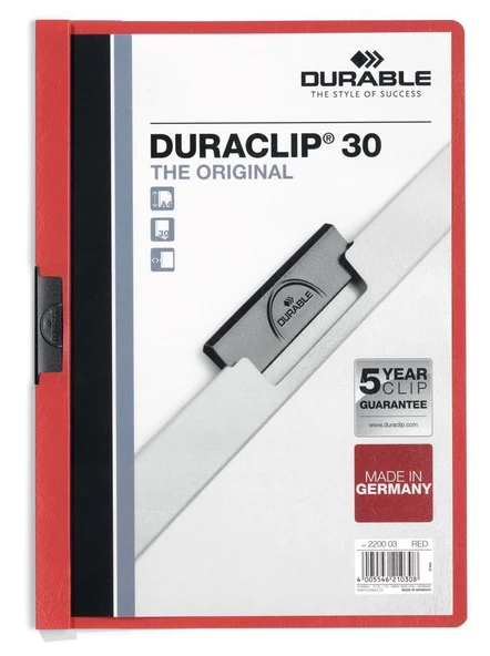 Durable 2200-K A4 Sıkıştırmalı Dosya Duraclip Ortadan Klipsli 30 Sayfa Kırmızı (5 Adet) ürün görseli 1