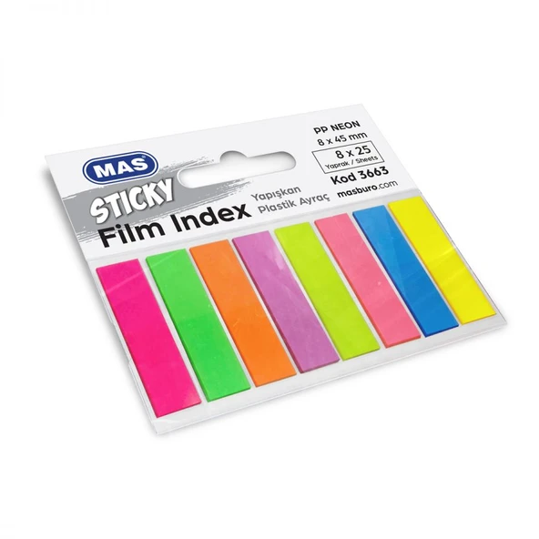 Mas Film Ayraç İndeks 8X45Mm Plastik Dörtgen 25 Sayfa X 8 Renk 3663 ürün görseli 1