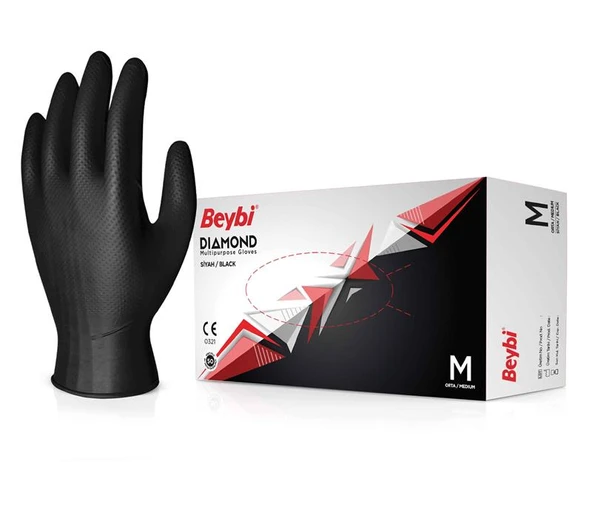 Beybi Diamond M Beden Pudrasız Kalın Siyah Nitril Eldiven Medium (100 LÜ Paket) ürün görseli 1