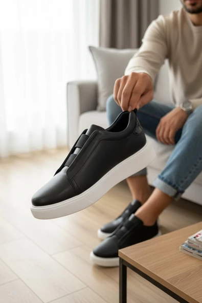 Enoch Hakiki Deri Kalın Tabanlı Bağcıksız Lastikli Erkek Sneaker Ayakkabı ürün görseli 1