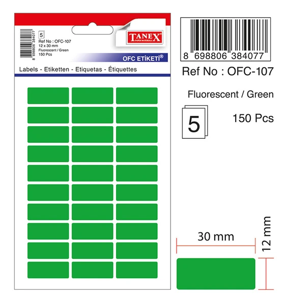Tanex Ofc-107 Ofis Etiketi Poşetli 12X30 Mm Fosforlu Yeşil (10 Lu Paket) ürün görseli 1