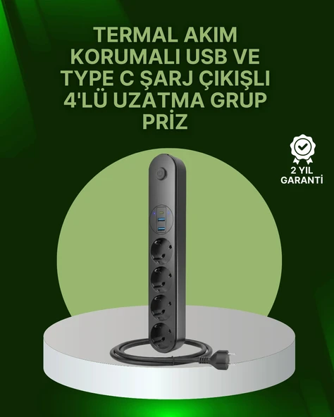 4 Priz 2 USB 1 Type-C Akım Korumalı Çoklu Priz Led Anahtarlı ürün görseli 1