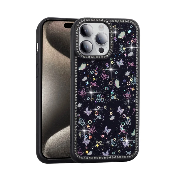 iPhone 14 Pro Max Kılıf Taşlı ve Simli Işıltılı Kelebek Kapak ürün görseli 1