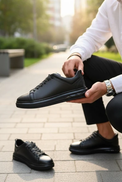 Enoch Hakiki Deri Siyah Günlük Bağcıklı Erkek Sneaker Comfort Taban Ayakkabı ürün görseli 1