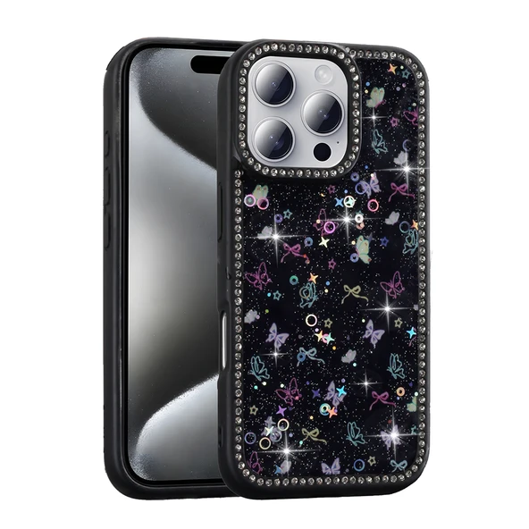 iPhone 16 Pro Max Kılıf Taşlı ve Simli Işıltılı Kelebek Kapak ürün görseli 1