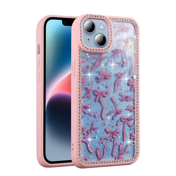iPhone 14 Kılıf Taşlı ve Simli Işıltılı Kelebek Kapak ürün görseli 1