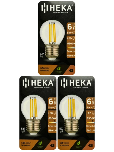 (3 Adet) Heka 6W (51W) 6500K (Beyaz Işık) E27 Duylu Şeffaf Led Ampul ürün görseli 1