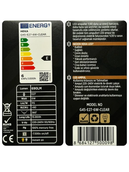 (8 Adet) Heka 6W (51W) 6500K (Beyaz Işık) E27 Duylu Şeffaf Led Ampul - Resim 4