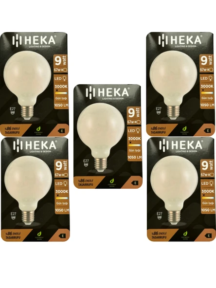 (5 Adet) Heka 9W (67W) 3000K (Sarı Işık) E27 Duylu (Kalın Duy) Led Glop G95 Ampul ürün görseli 1
