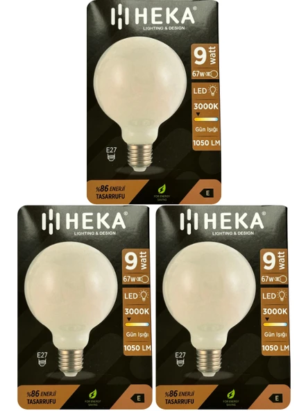 (3 Adet) Heka 9W (67W) 3000K (Sarı Işık) E27 Duylu (Kalın Duy) Led Glop G95 Ampul ürün görseli 1