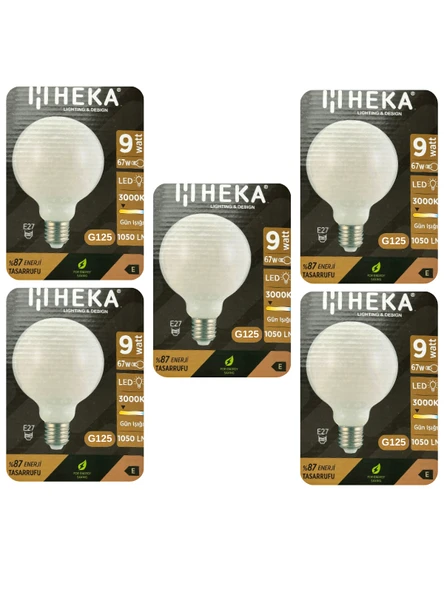 (5 Adet) Heka 9W (67W) 3000K (Sarı Işık) E27 Duylu (Kalın Duy) Led Glop G125 Ampul ürün görseli 1