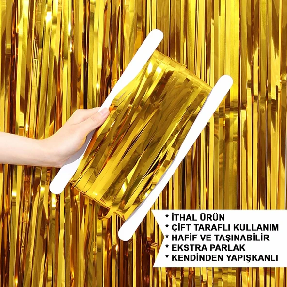 Ekstra Metalize Parlak Saçaklı Arka Fon Perde Gold ürün görseli 1