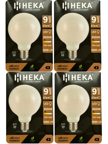 (4 Adet) Heka 9W (67W) 3000K (Sarı Işık) E27 Duylu (Kalın Duy) Led Glop G95 Ampul ürün görseli 1