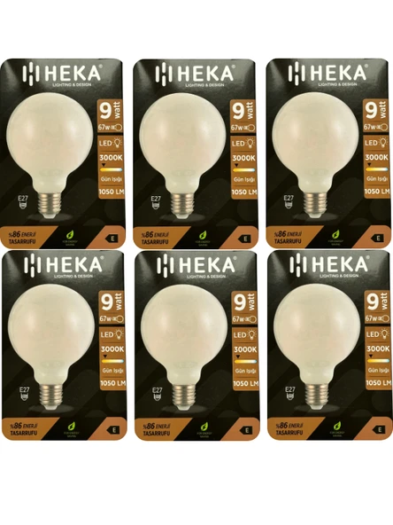 (6 Adet) Heka 9W (67W) 3000K (Sarı Işık) E27 Duylu (Kalın Duy) Led Glop G95 Ampul ürün görseli 1