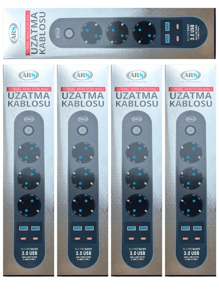 (5 Adet) Ars 3 Lü Priz 2 Metre Isıya Dayanıklı Termal Akım Korumalı 2 TypeC + 2 Usb ürün görseli 1