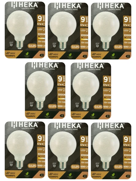 (8 Adet) Heka 9W (67W) 3000K (Sarı Işık) E27 Duylu (Kalın Duy) Led Glop G125 Ampul ürün görseli 1