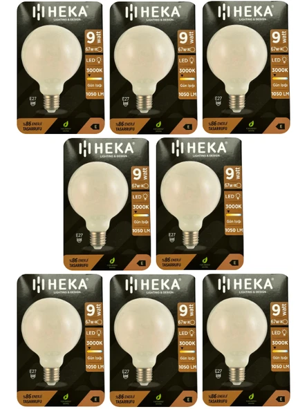(8 Adet) Heka 9W (67W) 3000K (Sarı Işık) E27 Duylu (Kalın Duy) Led Glop G95 Ampul ürün görseli 1