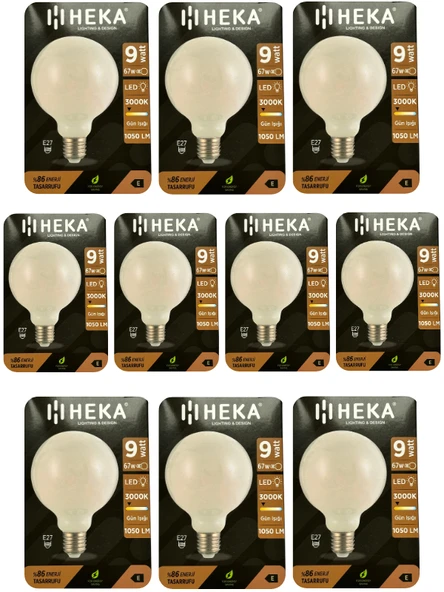(10 Adet) Heka 9W (67W) 3000K (Sarı Işık) E27 Duylu (Kalın Duy) Led Glop G95 Ampul ürün görseli 1