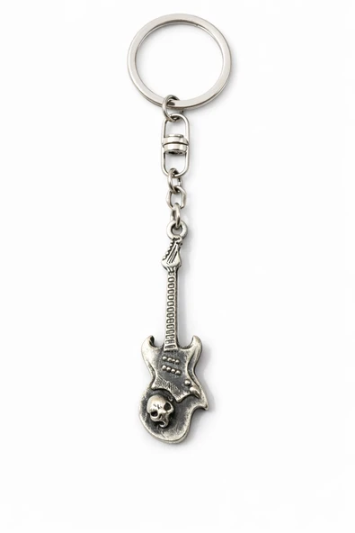 Skull Guitar – Kuru Kafa Detaylı Gümüş Renk Metal Anahtarlık ürün görseli 1