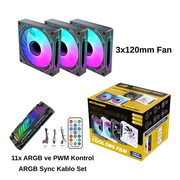 NG-A120B 3 Adet 120mm Kasa Fan 11X ARGB PWM Slot Kontrolcü ve Kumanda Siyah ürün görseli 1