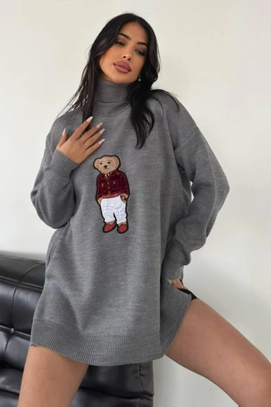 ZISHAN Ayıcıklı Kazak - Balıkçı Yaka Teddy Bear Aplikli Oversize Kadın Triko Kazak 650 ürün görseli 1