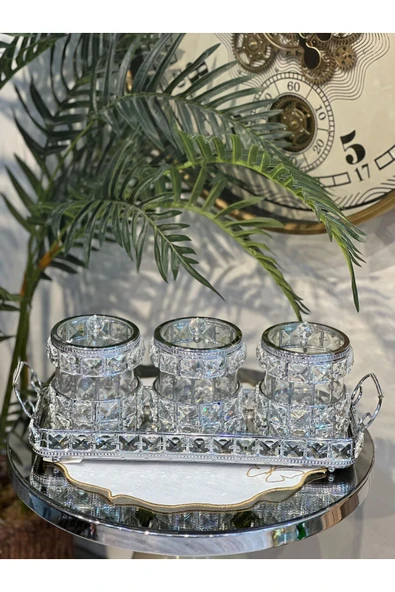 Elta Collection Gümüş Lüx Taşlı Tepsili 3 lü Baharatlık Şekerlik Sunumluk Çeyizlik ürün görseli 1