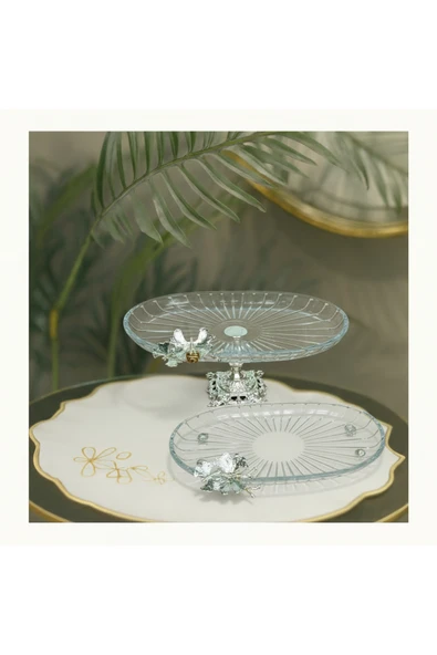 Elta Collection 2 li Paşabahçe Kristal Metal Ayaklı Gümüş Oval Düz Pasta Sunumluk Kurabiyelik ürün görseli 1