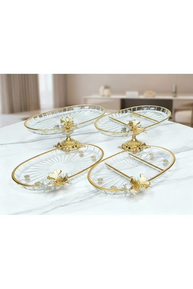 Elta Collection Yeni Seri 4 Parça Paşabahçe Gold Yaldızlı Metal Ayaklı Sunum Seti Kurabiyelik Hediyelik ürün görseli 1