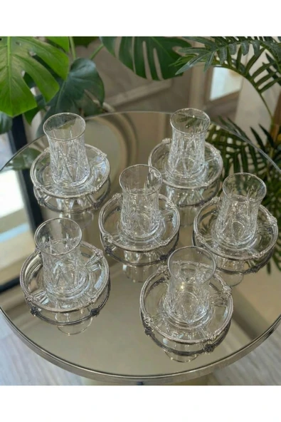 Elta Collection 12 Parça 6 Kişilik Kristal Kesim Çay Takımı – Cam Çay Bardağı ve Tabak Seti ürün görseli 1
