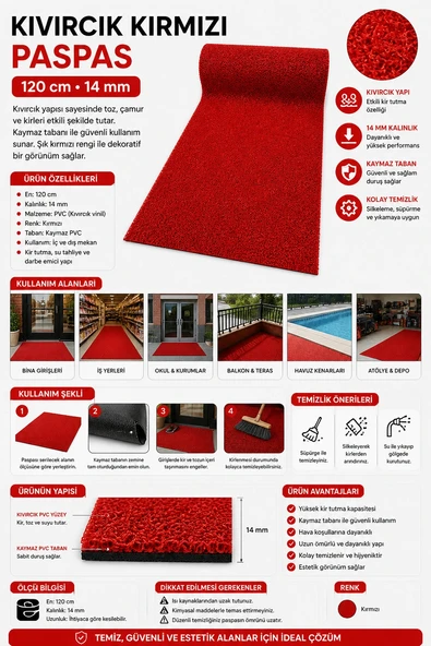 Kıvırcık Kırmızı Paspas 120 cm 14 mm ürün görseli 1