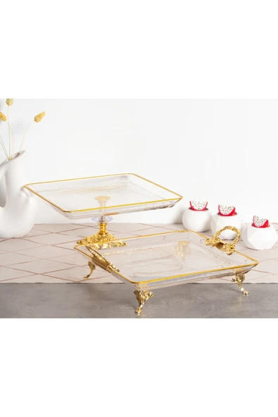 Elta Collection 2 li Paşabahçe Kristal Metal Ayaklı Yaldızlı Kare Pasta Sunumluk Kurabiyelik ürün görseli 1