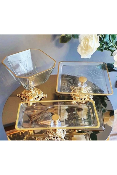 Elta Collection Gold 3 Parça Pasta Sunumluk Set | Kurabiyelik & Servis Tabağı - Elta collection ürün görseli 1