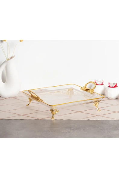 Elta Collection Paşabahçe Kristal Metal Ayaklı Yaldızlı Kare Pasta Sunumluk Kurabiyelik Tepsi ürün görseli 1