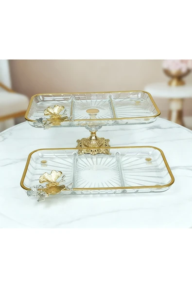 Elta Collection 2 li Paşabahçe Kristal Metal Ayaklı Gold Yaldızlı Dikdörtgen Bölmeli Pasta Sunumluk Kurabiyelik ürün görseli 1
