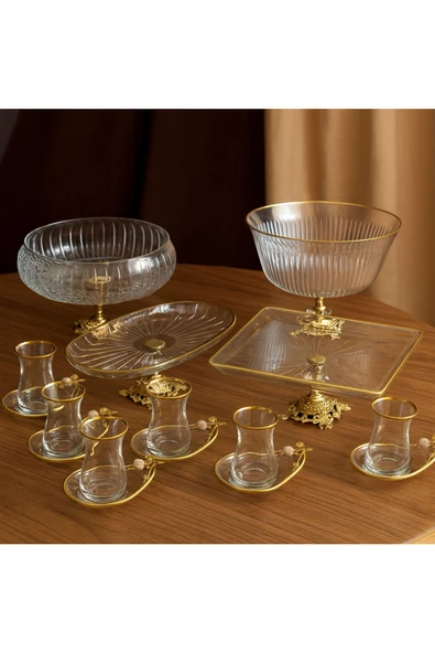 Elta Collection Paşabahçe Gold Detaylı Metal Ayaklı Sunum ve Servis Seti Pasta,Magnolia,Çay Seti,Kurabiyelik ürün görseli 1