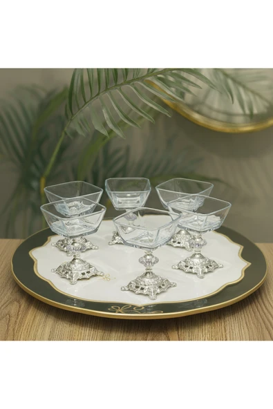 Elta Collection Karen 6 Parça Döküm Gümüş Ayaklı Sunumluk Seti Magnolia Dondurmalık Cup Çerezlik ürün görseli 1