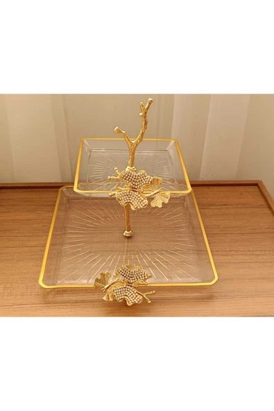 Elta Collection 2 Katlı Döküm Aksesuarlı Yaldız Detaylı Kare Servis Tabağı Sunumluk Kurabiyelik ürün görseli 1