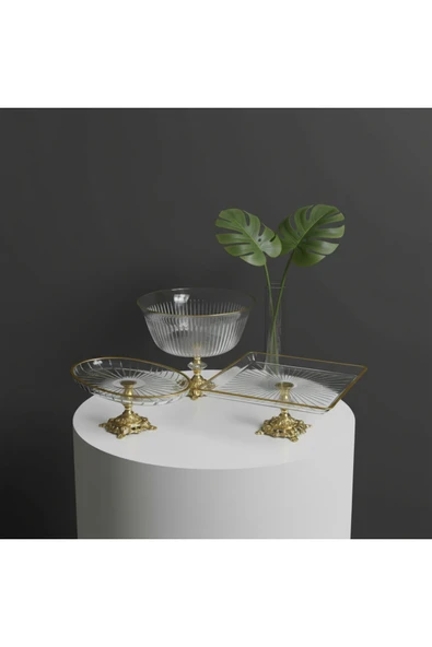 Elta Collection Gold Detaylı Metal ayaklı 3 parça sunum ve servis seti ürün görseli 1