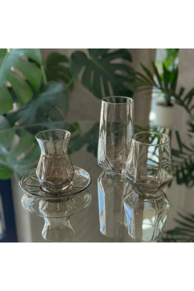 Elta Collection 18 Parça Füme Cam Bardak Seti – 6 Çay Bardağı + 6 Uzun Su Bardağı + 6 Kısa Su Bardağı ürün görseli 1