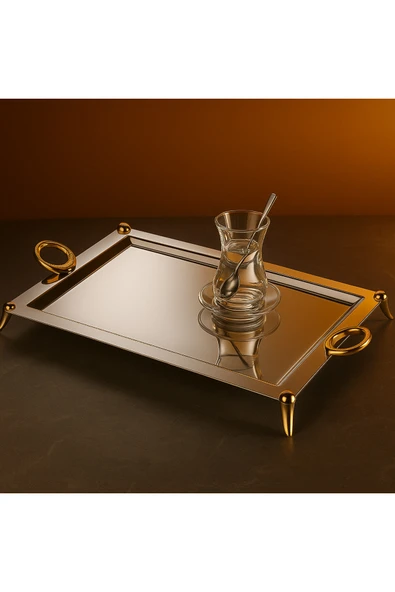 Elta Collection 18/10 Paslanmaz Çelik Lüks Dikdörtgen Çay Kahve Servis Tepsisi 35x55 cm – Parlak Şık Sunumluk ürün görseli 1