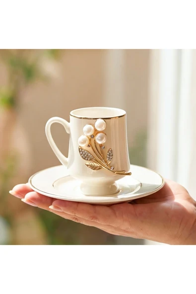 Elta Collection Özel El Yapımı 6 lı Porselen İnci Taşlı Çiçek Broşlü Gold Kahve Fincan Takımı ürün görseli 1