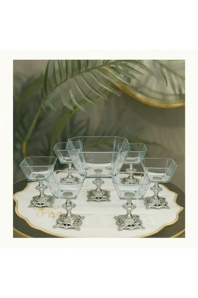 Elta Collection Karen 7 Parça Döküm Gümüş Ayaklı Sunumluk Seti Magnolia Dondurmalık Cup ve Salata Kase Seti ürün görseli 1