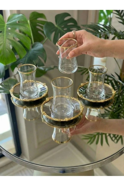 Elta Collection 12 Parça 6 Kişilik Gold Metal Çerçeveli Çay Seti – 6 Bardak 6 Metal Tabak – Lüks Sunum ürün görseli 1