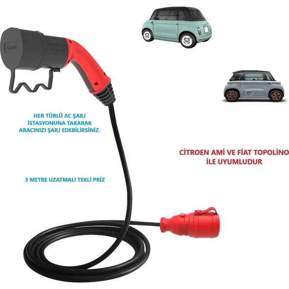 Bemis Citroen Ami ve Fiat Topolino, 3 Metre Uzatmalı, Ac Şarj Kablosu C2L ( Tekli-Ikili-Üçlü Priz Seçenekli) ürün görseli 1