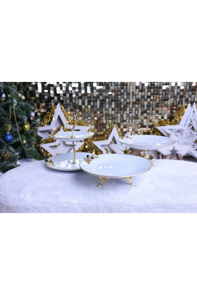 Elta Collection 3 Parça Metal Ayaklı Porselen Pasta Sunumluk Kurabiyelik Şekerlik Set ürün görseli 1