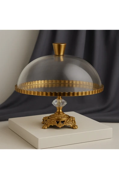 Elta Collection Paşabahçe Lüx Metal Ayaklı Yaldızlı Kek Fanus Pasta Sunumluk ürün görseli 1