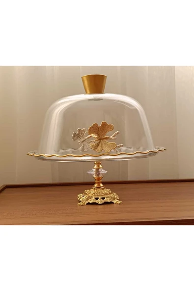 Elta Collection Gold Metal Ayaklı Cam Kapaklı Kek - Pasta Stantı Fanus ürün görseli 1