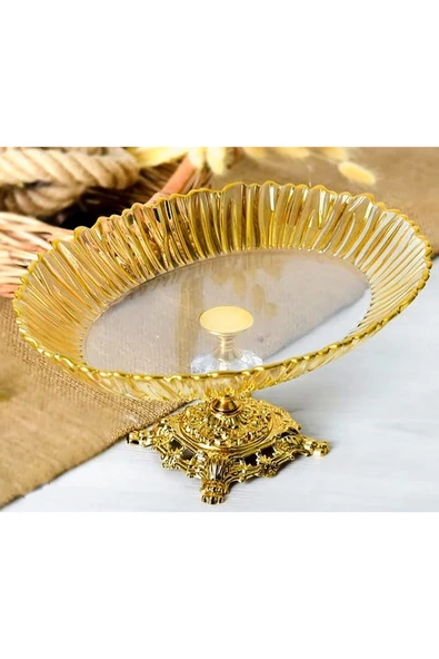 Elta Collection Aurora Oval Gold Ayaklı Cam Servis Tabağı Sunumluk | 25 × 35 cm Ayaklı Tabak ürün görseli 1