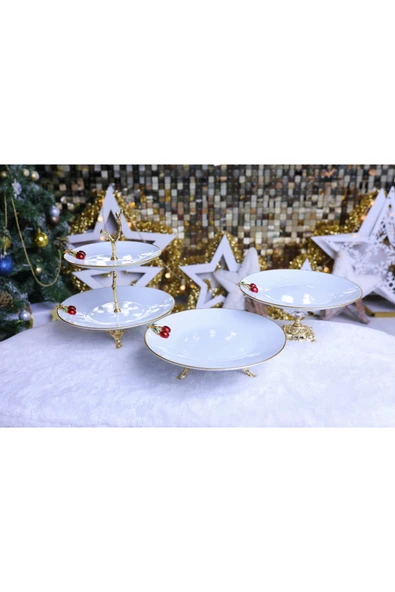 Elta Collection 3 Parça Metal Ayaklı Porselen Pasta Sunumluk Kurabiyelik Şekerlik Set ürün görseli 1
